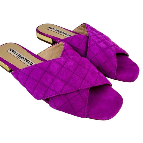 Karl Lagerfeld Rae Magenta Purple Suede Leather Quilted Open Toe Slide Sandals - Picture 8 of 11